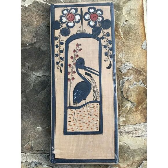 Vintage Handmade Hand Painted Mexican Floor Kitchen Accent Piece Blue Stork - Picture 1 of 8